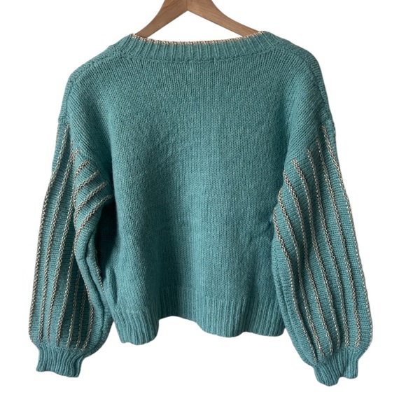 NKN Nekane Meli Aqua Gold Lurex V-Neck Wool Blend Sweater Small/ Medium NWT - Picture 4 of 8